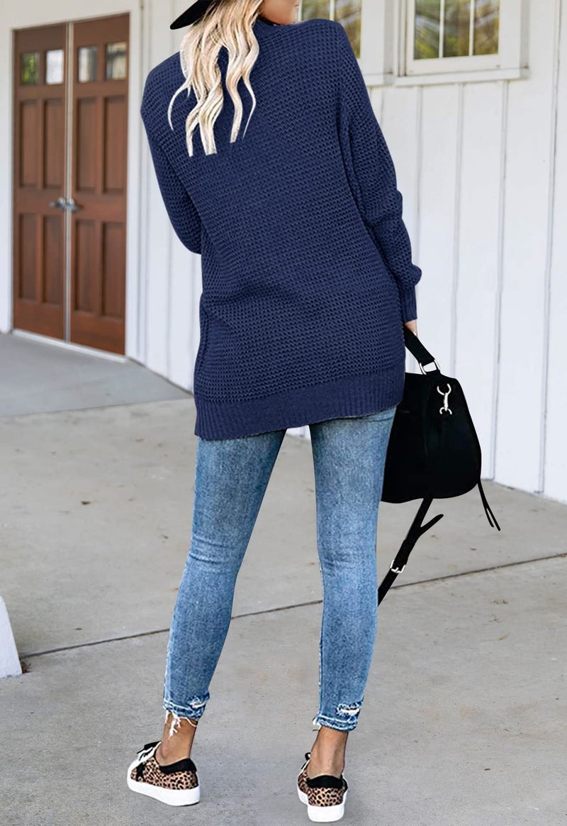 MEROKEETY Womens Long Sleeve Cardigan Sweaters Fall Winter Chunky Cozy Knit Draped Open Front Outwear Outfits, Navy, M - Image 5